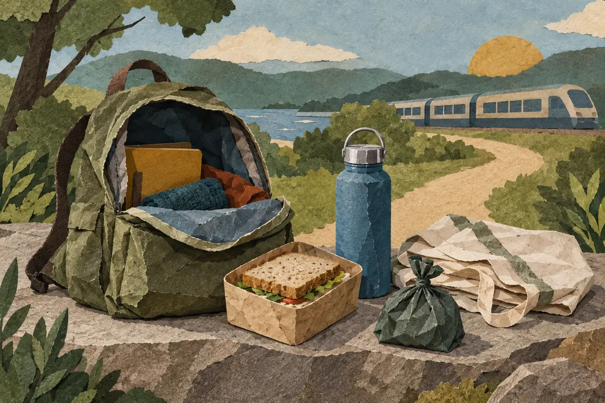 Ilustracja plecaka, bidonu, pudełka z jedzeniem i worka na odpady przygotowanych na jednodniową wycieczkę.