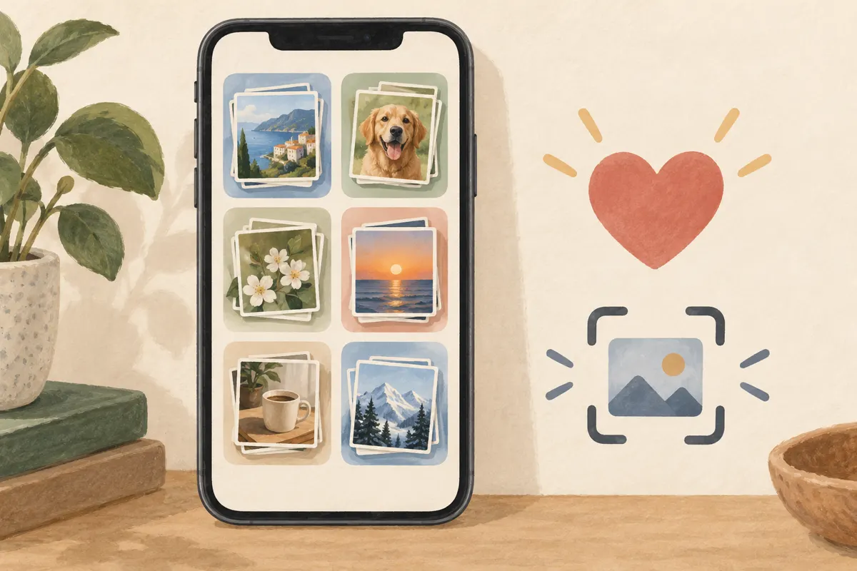 Ilustracja telefonu z fotografiami uporządkowanymi w albumy oraz symbolami ulubionych i zrzutów ekranu