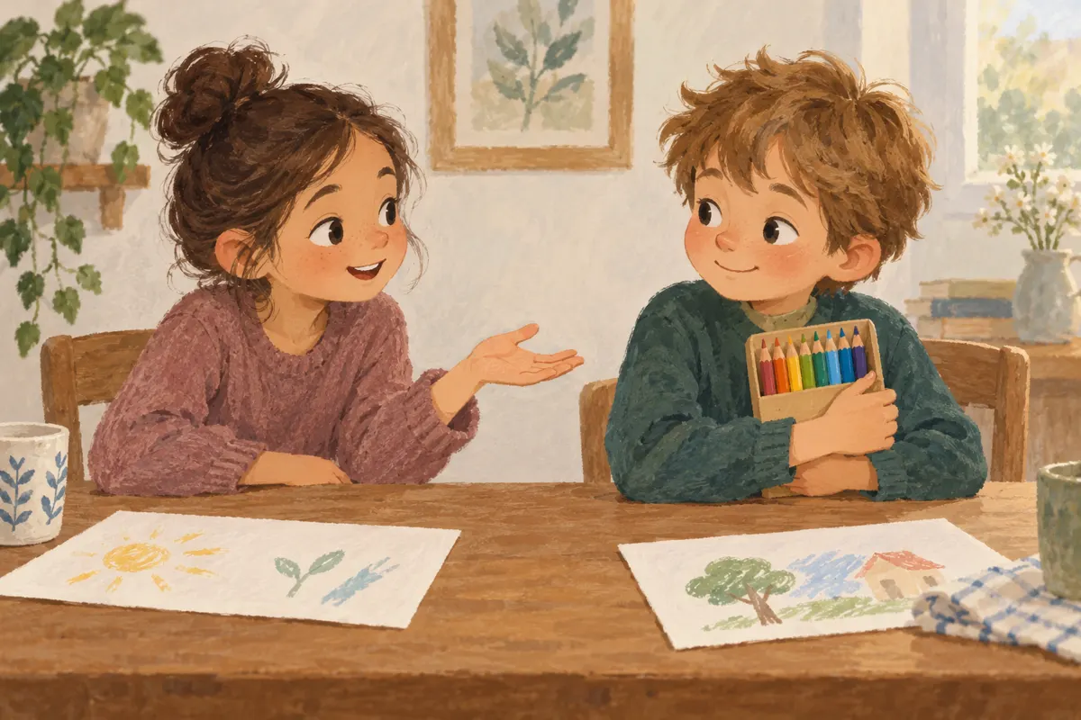 Ilustracja rodzeństwa uzgadniającego pożyczenie kredek przy domowym stole.